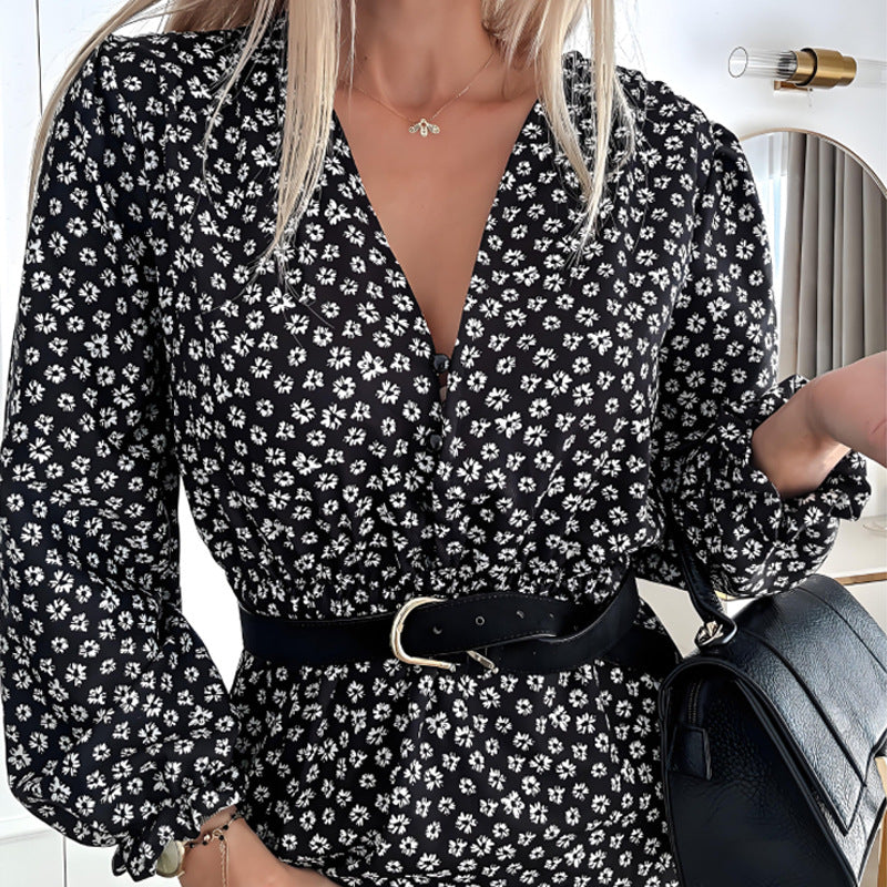 Women's Split Floral Dresses Long Sleeve V-Neck Dresses