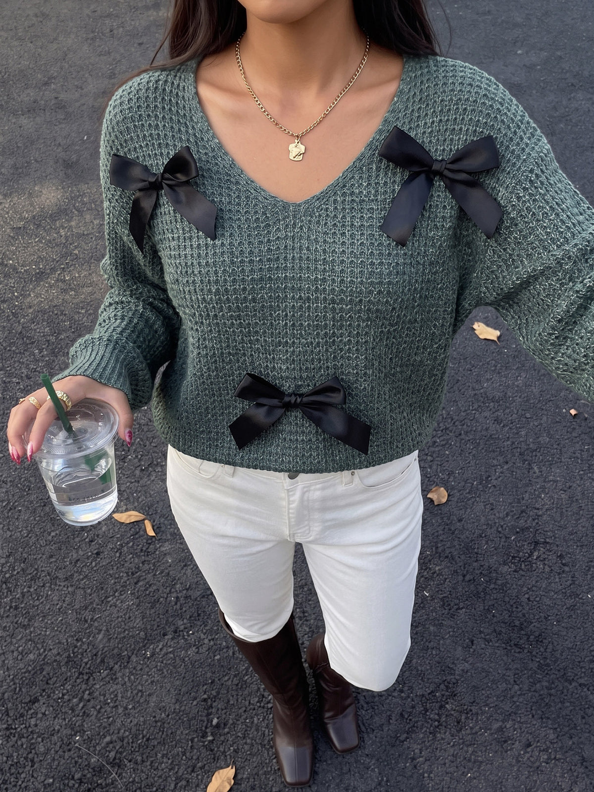 Women's V Neck Bow Open Back Lace Up Knit Sweater