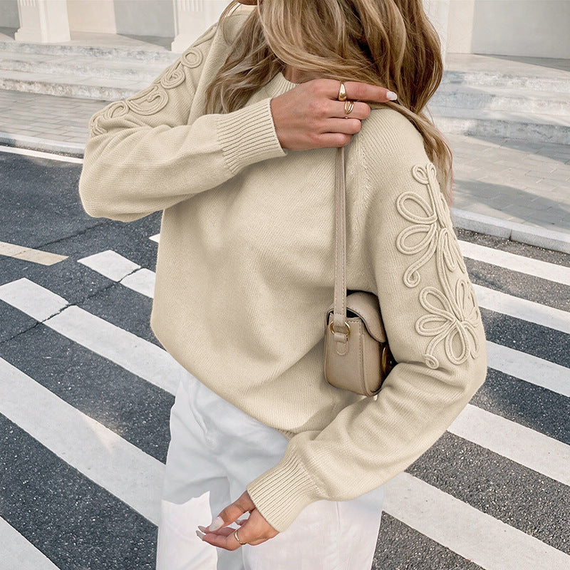 Women's Oversized Floral Embroidered Crew Neck Sweater