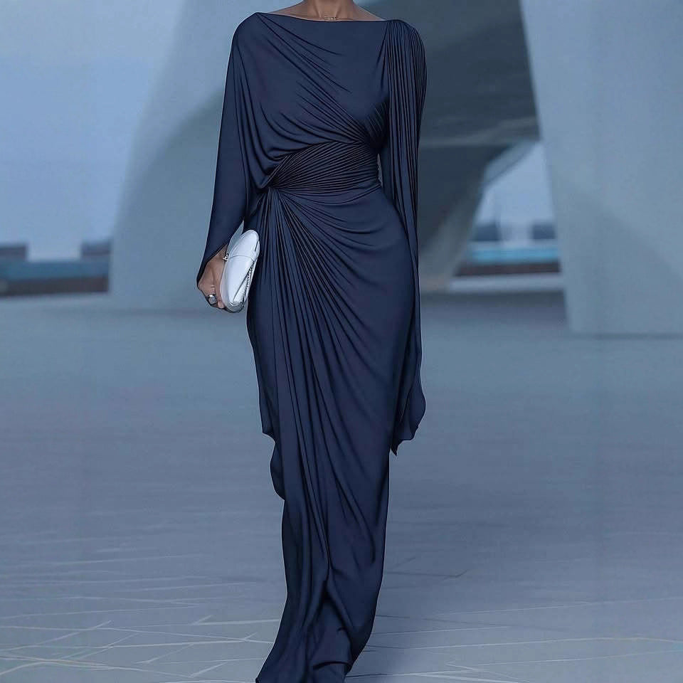 Women's Draped Ruched Batwing Sleeve Maxi Dress