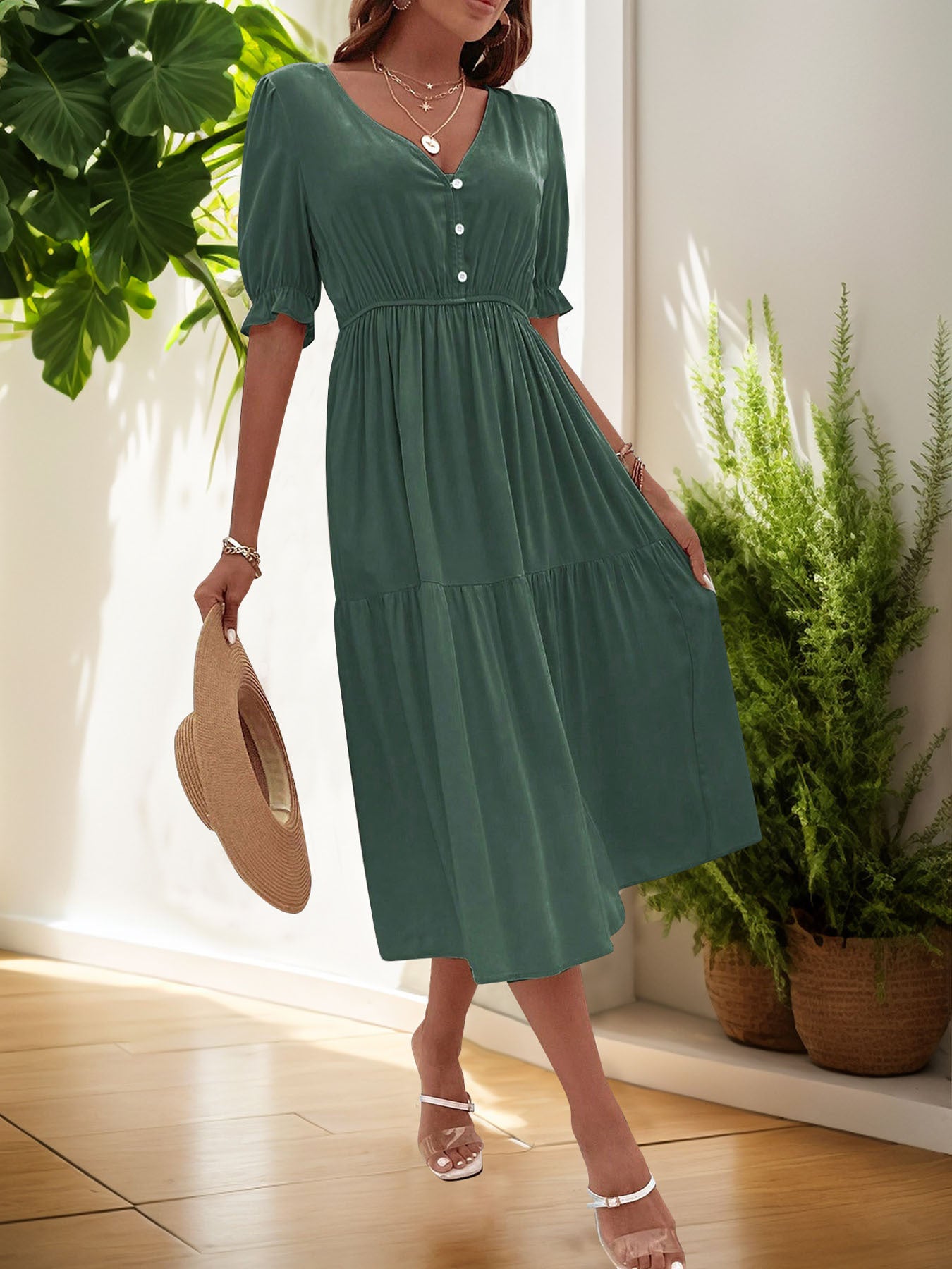 High Waist Solid Color Casual Midi Dress for Women