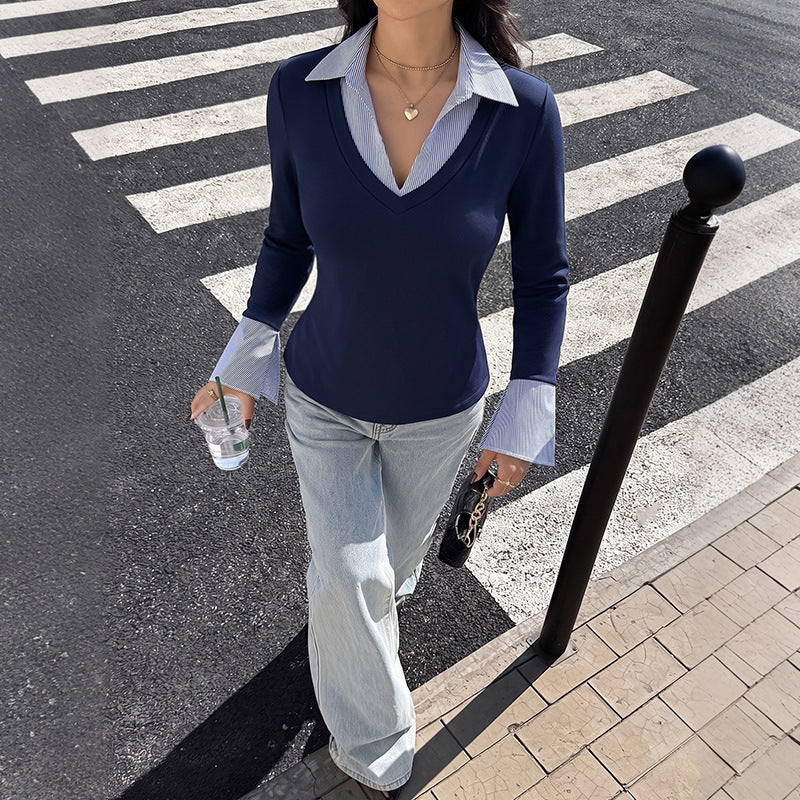 Contrast Collar V Neck Flare Sleeve Knit Top