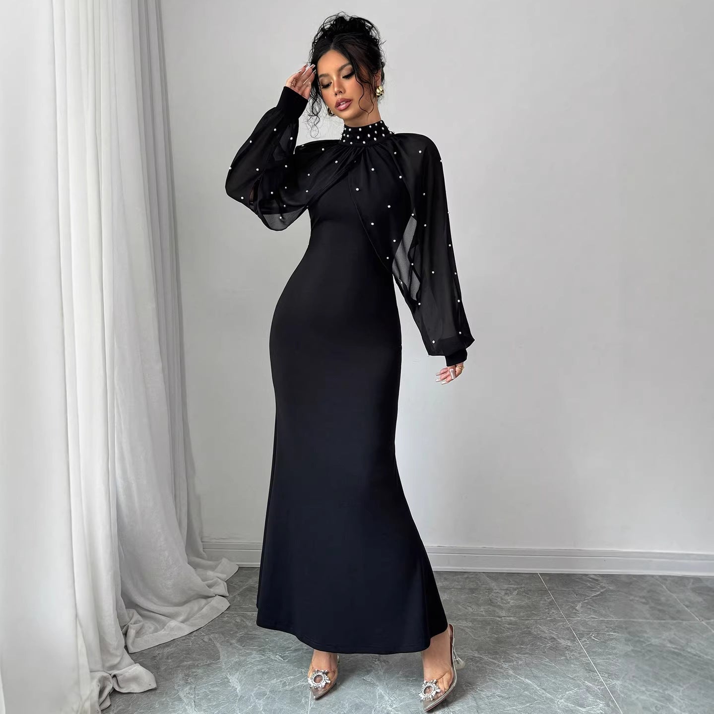 Black Pearl Embellished Sheer Sleeve Mermaid Maxi Dress