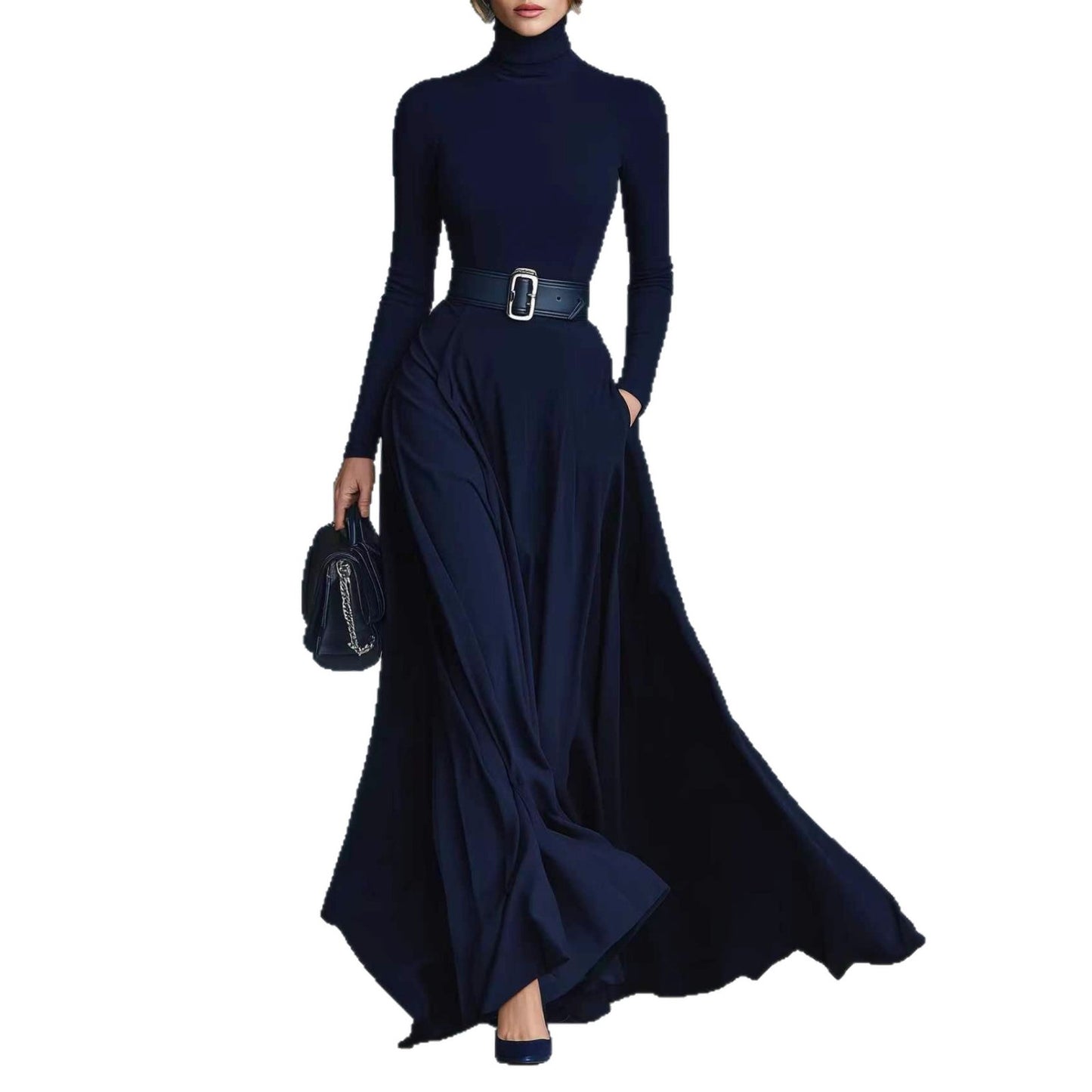 Women's Turtleneck Fit & Flare Long Sleeve Maxi Dress