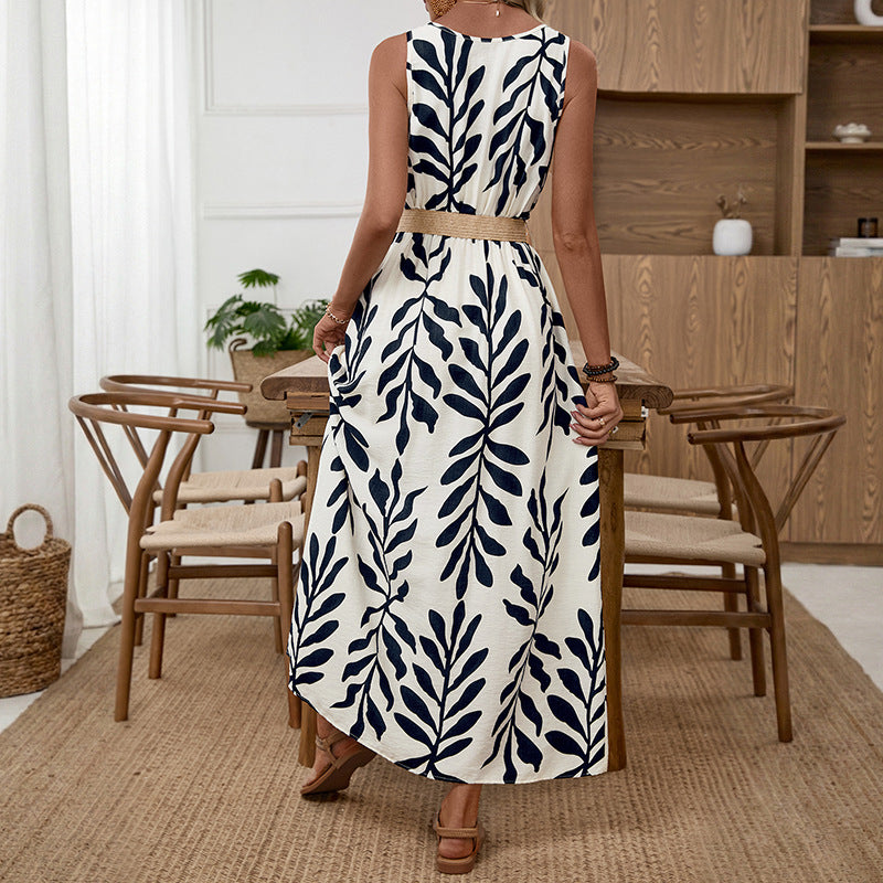 Boho Leaf Print Sleeveless Belted Maxi Dress Split