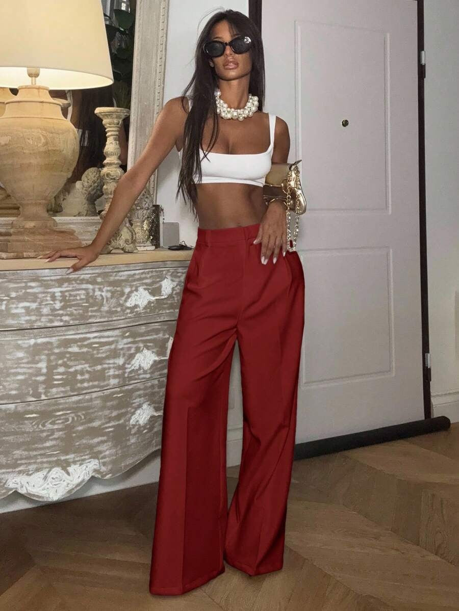 Solid High Waisted Wide Leg Dress Pants Business Work Trousers