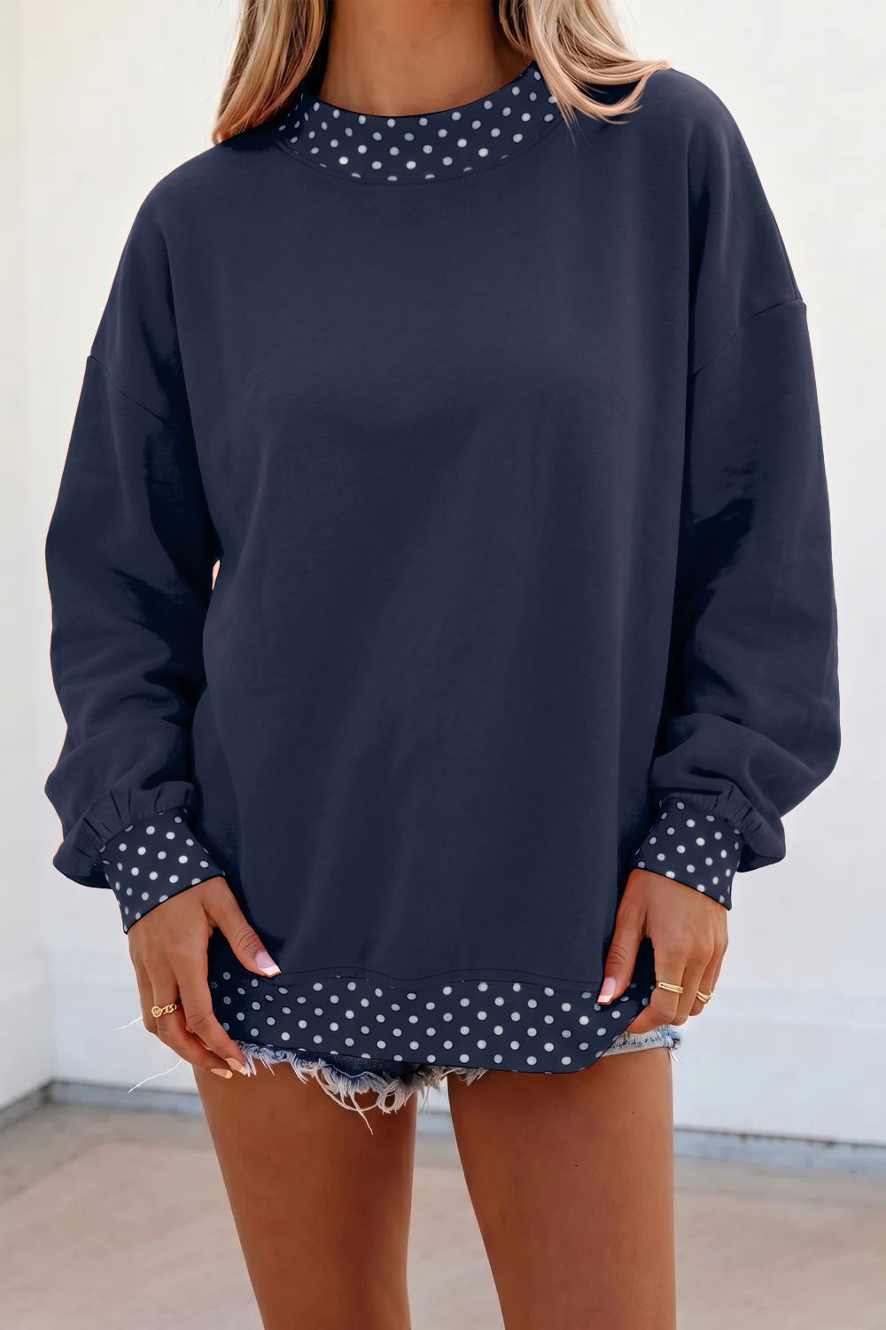 Women's Oversized Fleece Polka Dot Trim Sweatshirt