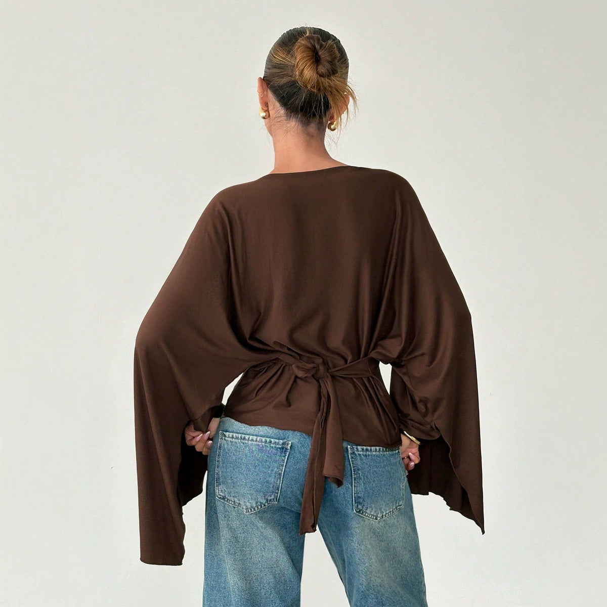 Women's Batwing Sleeve Tie Waist Boat Neck Top