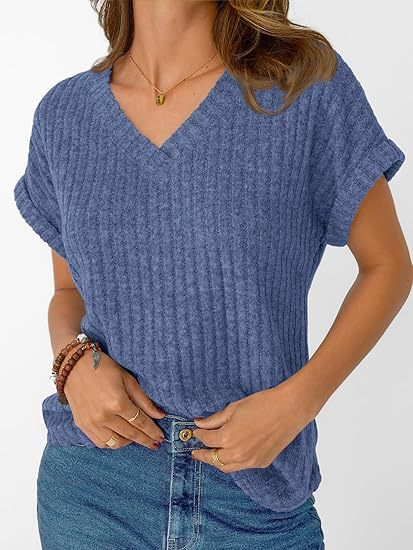 Solid Ribbed T Shirt Casual V Neck Loose Fit