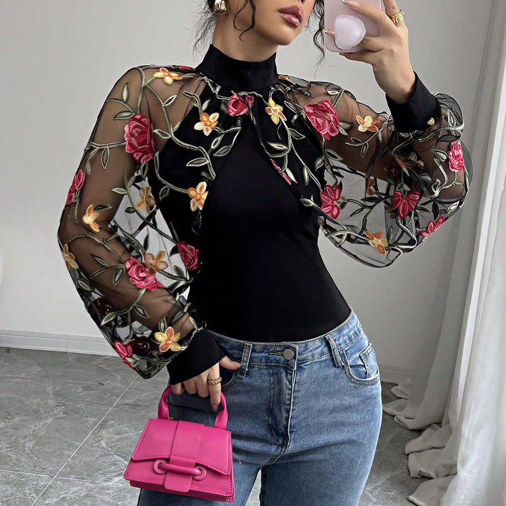 Floral Embroidered Sheer Sleeve Mesh Top