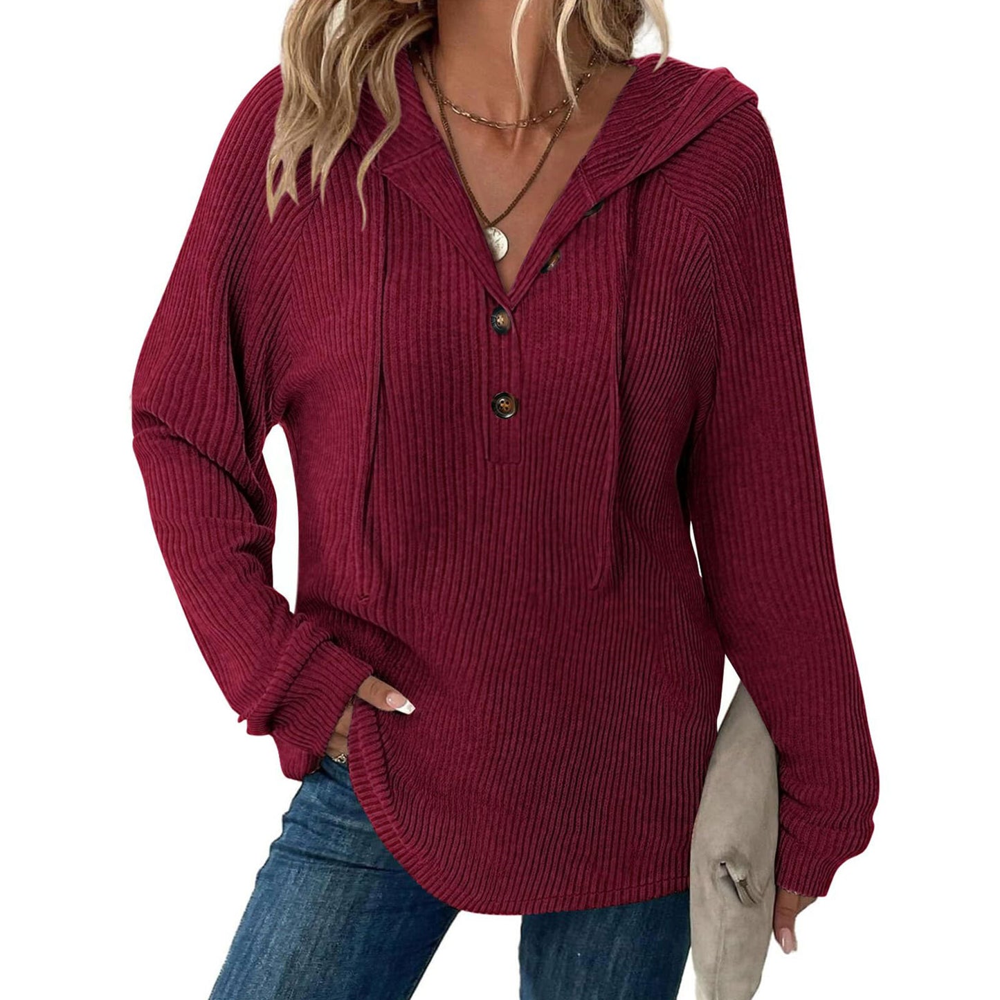 Ribbed Hooded Pullover with Button V-Neck
