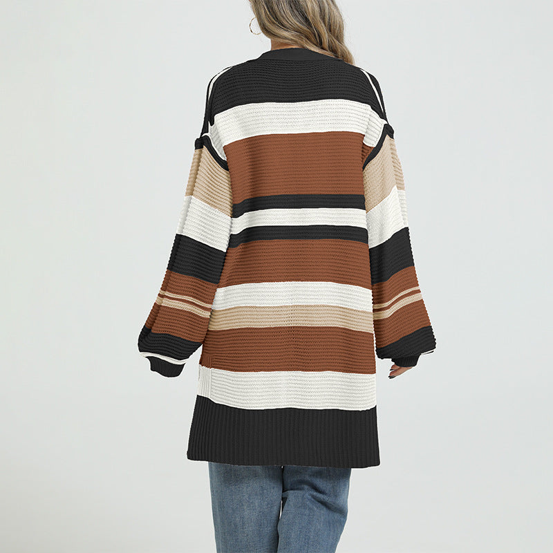 Oversized Color Block Chunky Knit Long Cardigan