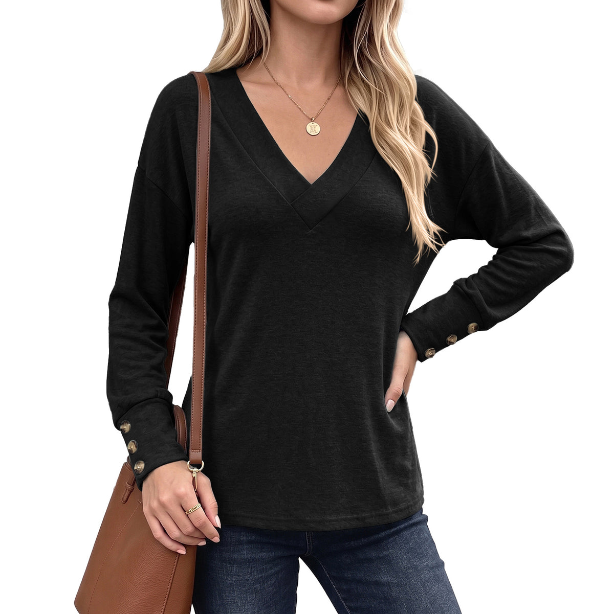 Womens V Neck Long Sleeve Button Cuff Loose Tunic Top