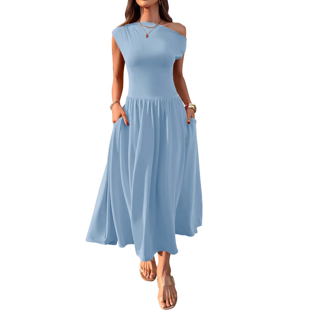 One Shoulder Maxi Dress with Pockets Pleated Skirt