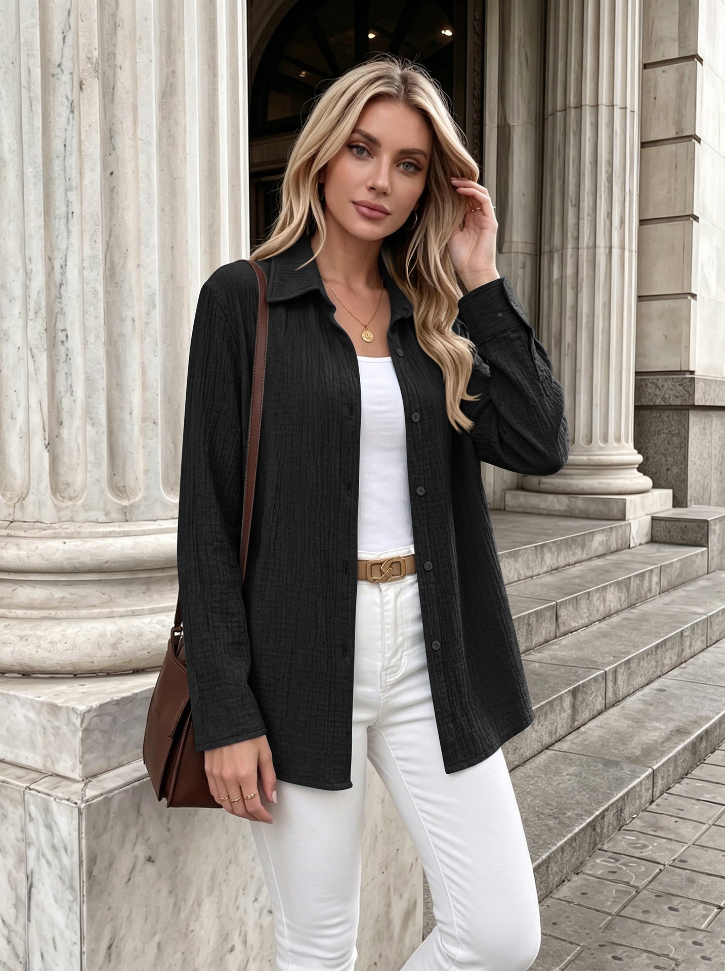 Textured Button Up Long Sleeve Shirt Jacket