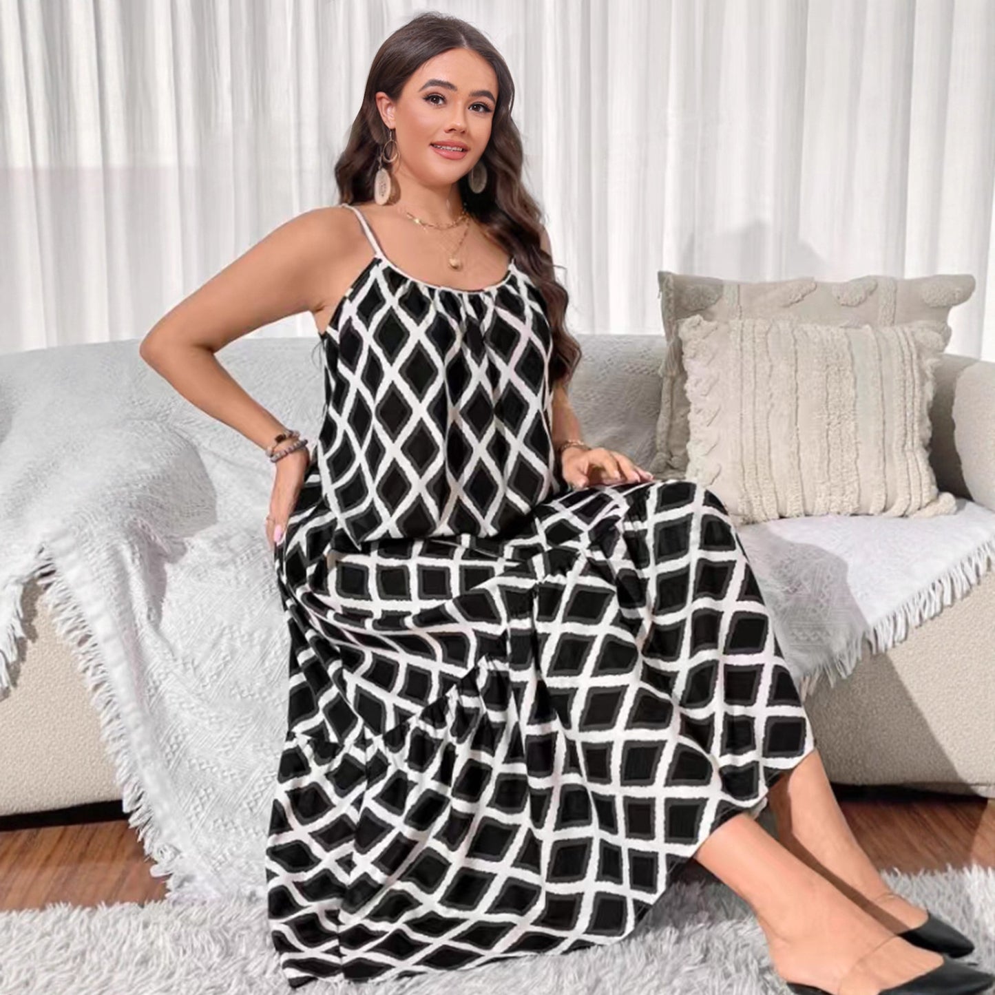 Plus Size Geometric Print Cami Maxi Dress Ruffle Hem