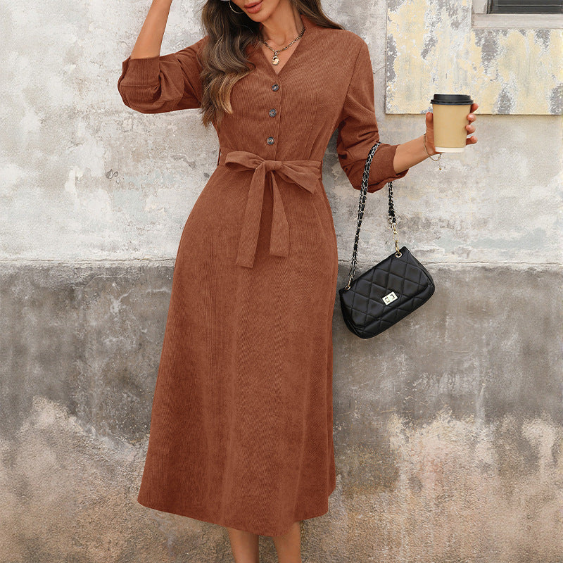 Corduroy V Neck Midi Dress Belted Waist Long Sleeve