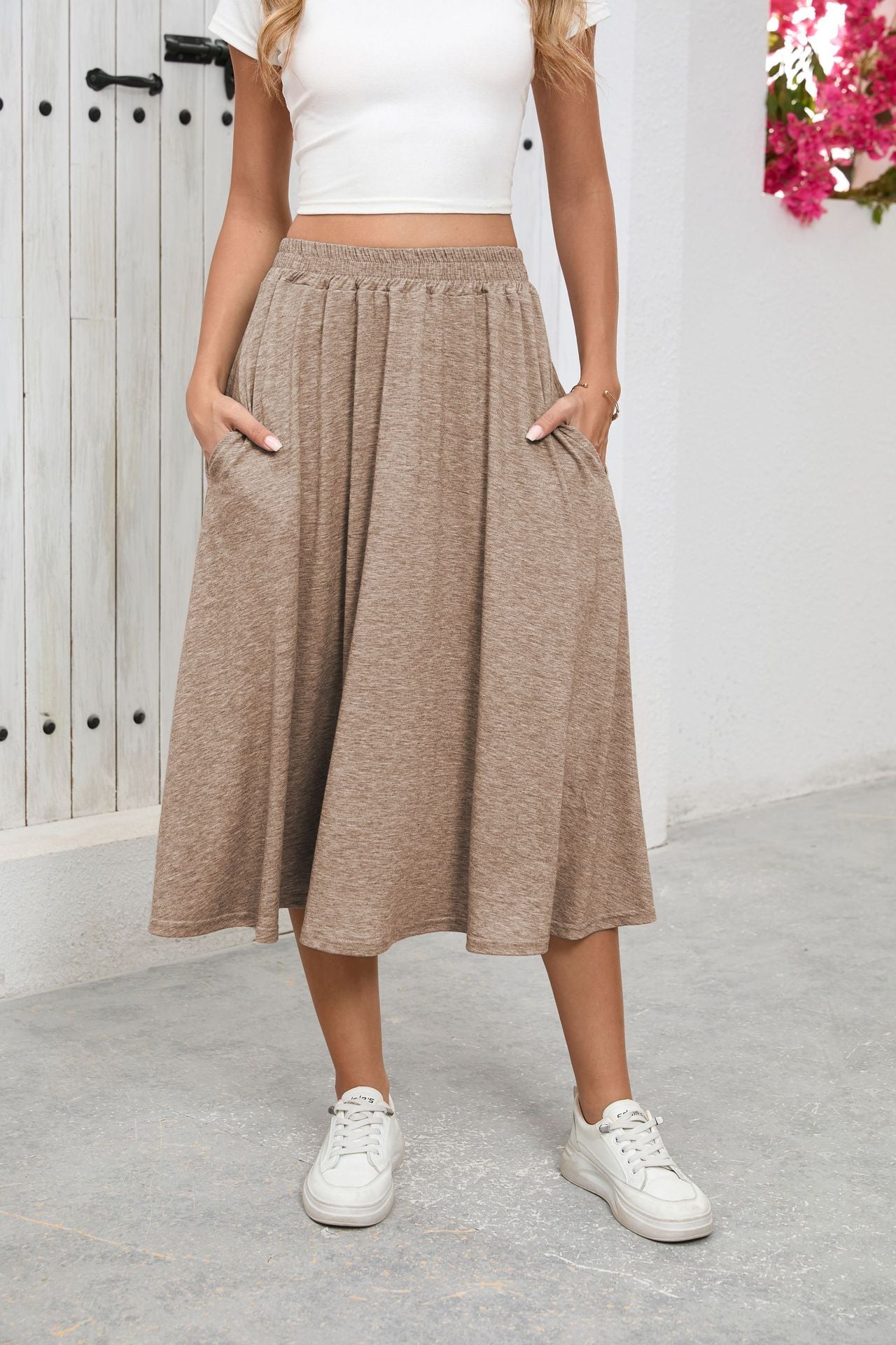 Solid Knit Skirt Casual A-Line Midi Elastic Waist