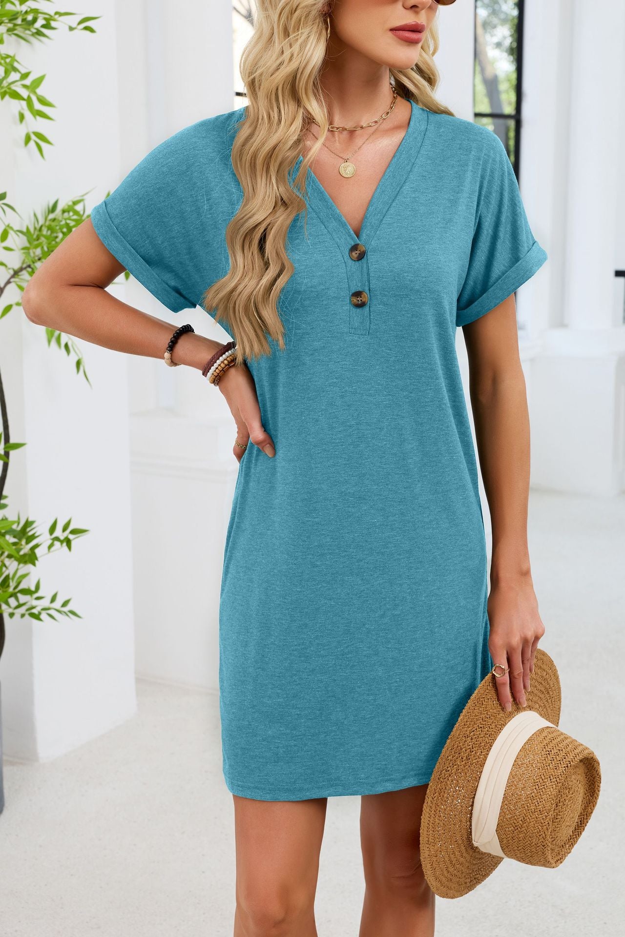 Casual V-Neck Short Sleeve Button Mini T-Shirt Dress