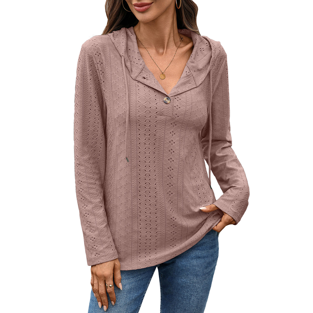 Women's Eyelet Hooded Henley Long Sleeve Loose Tunic Top