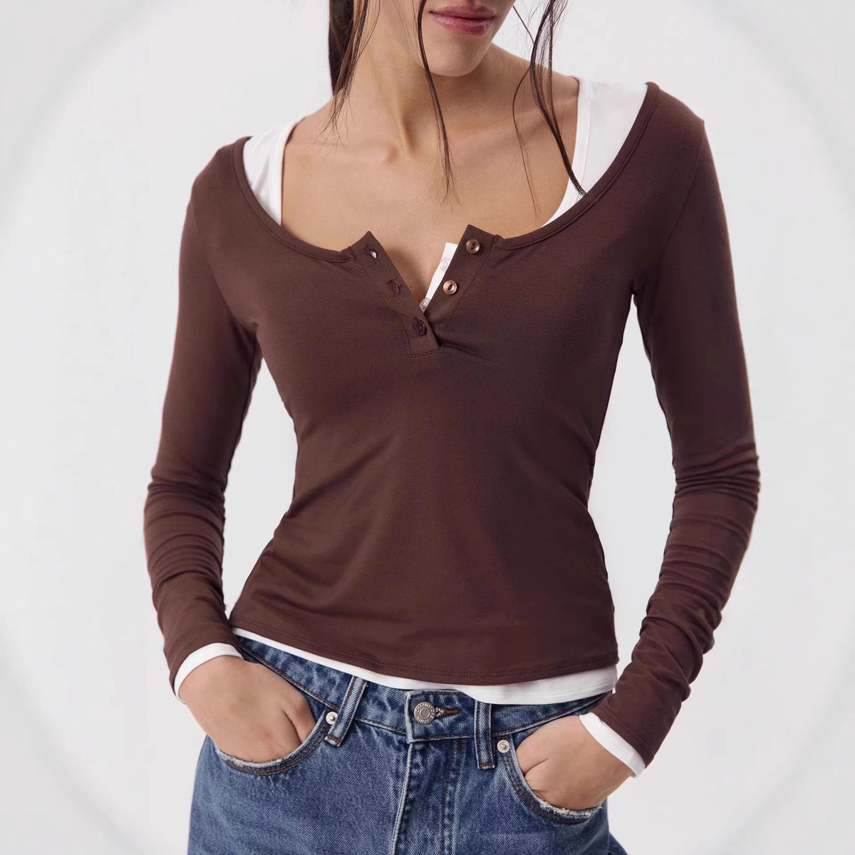 Women's Soft Modal Long Sleeve U-Neck Button Fitted Top