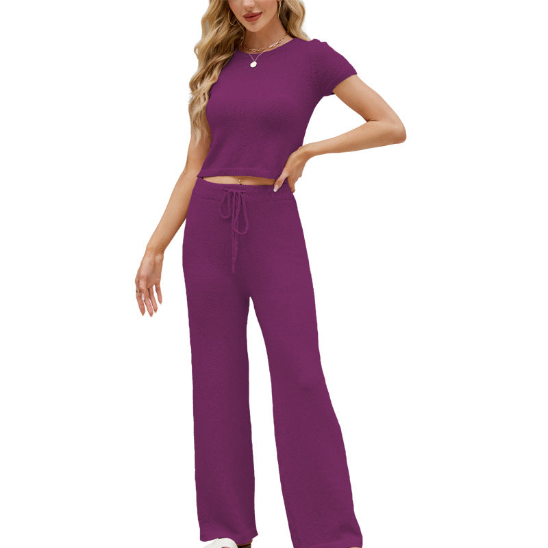 Solid Knit Short Sleeve Top and Pants Set