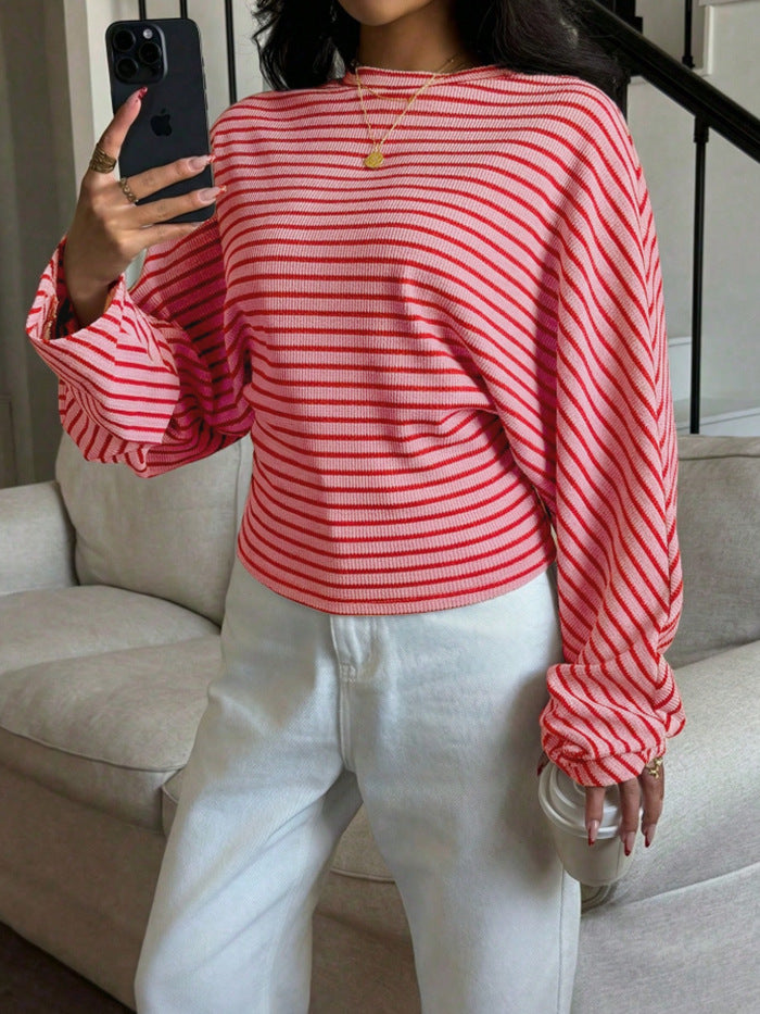 Women's Striped Waffle Knit Dolman Long Sleeve Top