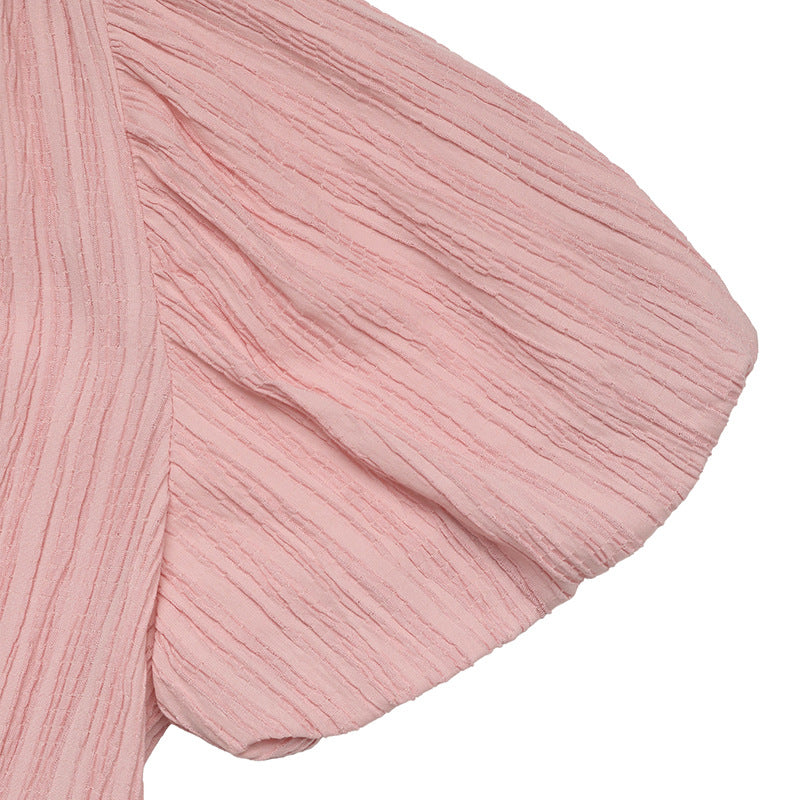 Women's Pleated Short Puff Sleeves Summer Midi Dress