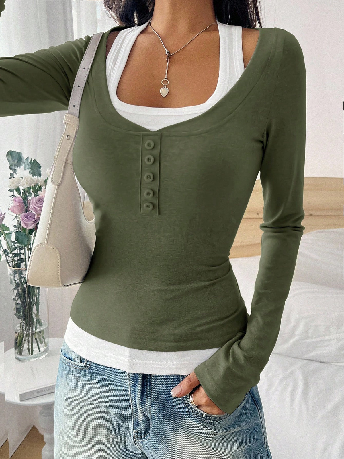 Women's Layered Color Block Henley Long Sleeve Fitted Top
