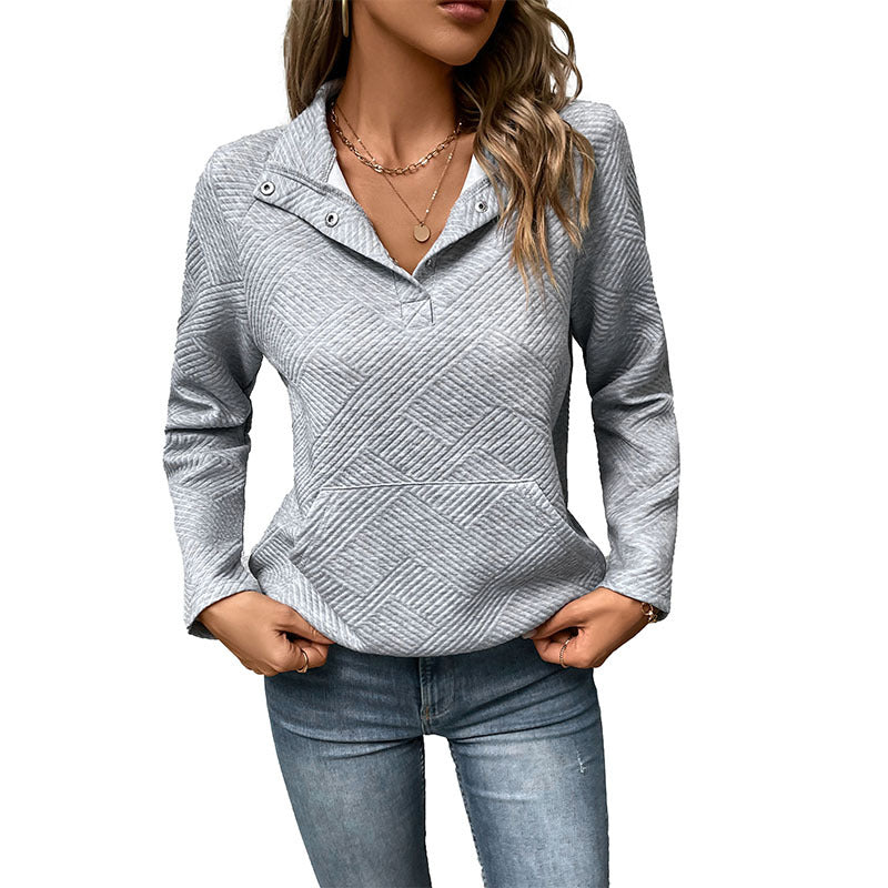 Textured Polyester Sweatshirt Casual Boutique Snap Collar