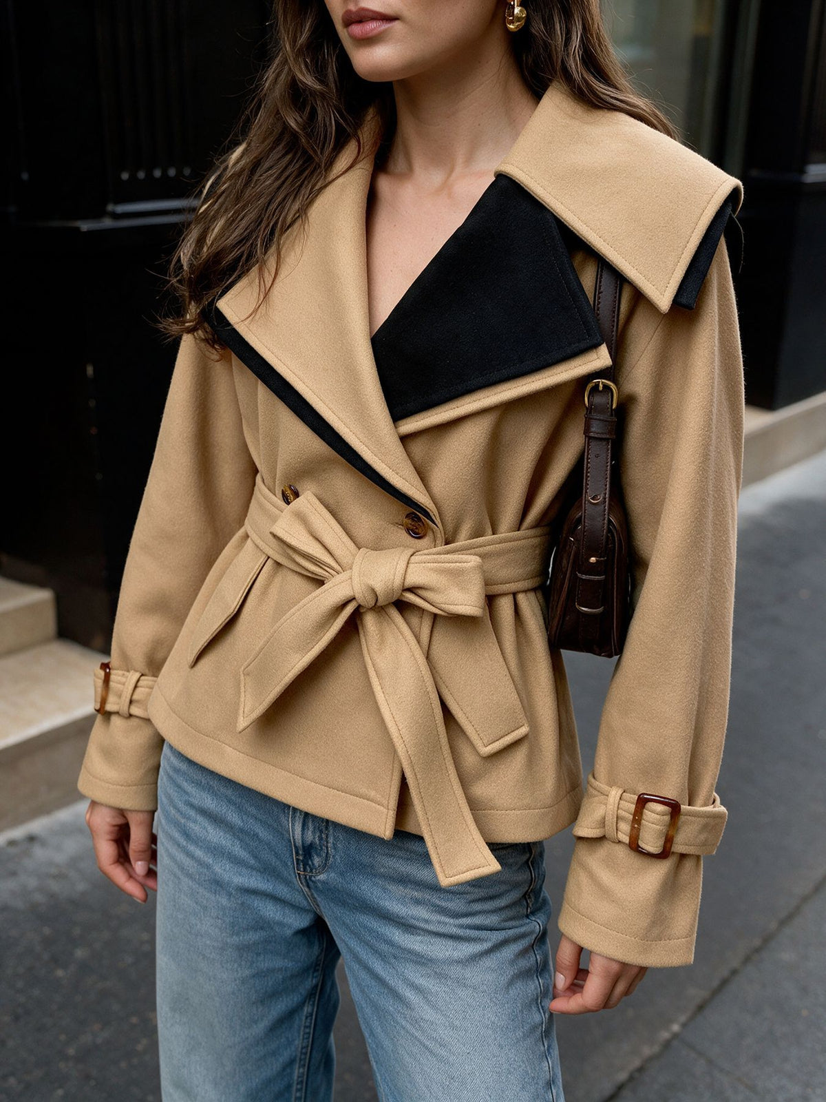 Women's Color Block Belted Cropped Short Coat