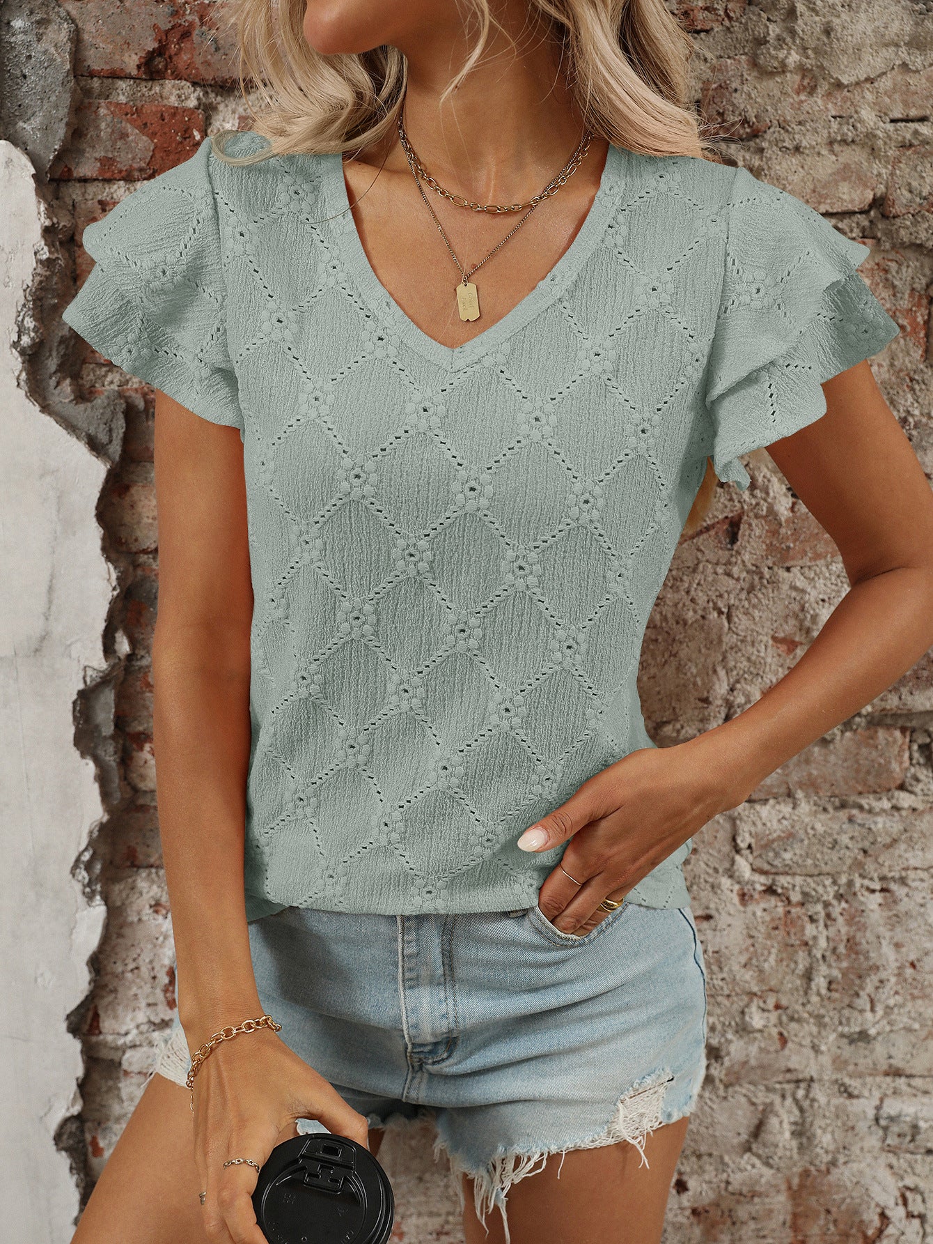 V Neck Eyelet Ruffle Sleeve Knit Summer Casual Top