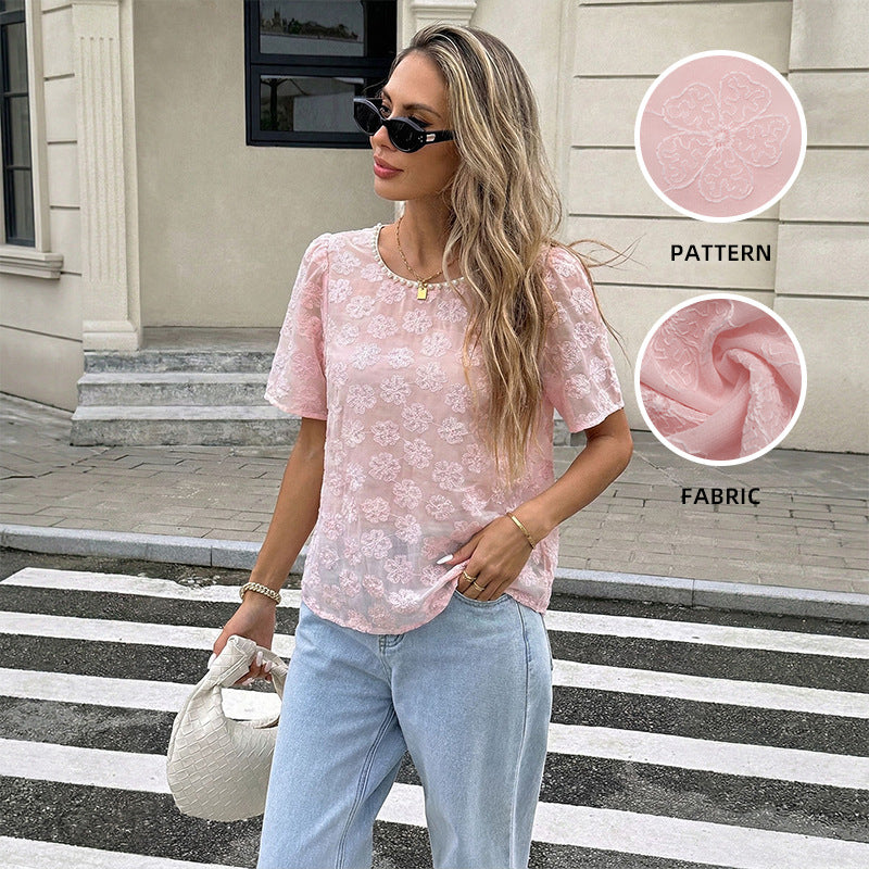 Women Floral Mesh Puff Sleeve Short Sleeve Blouse