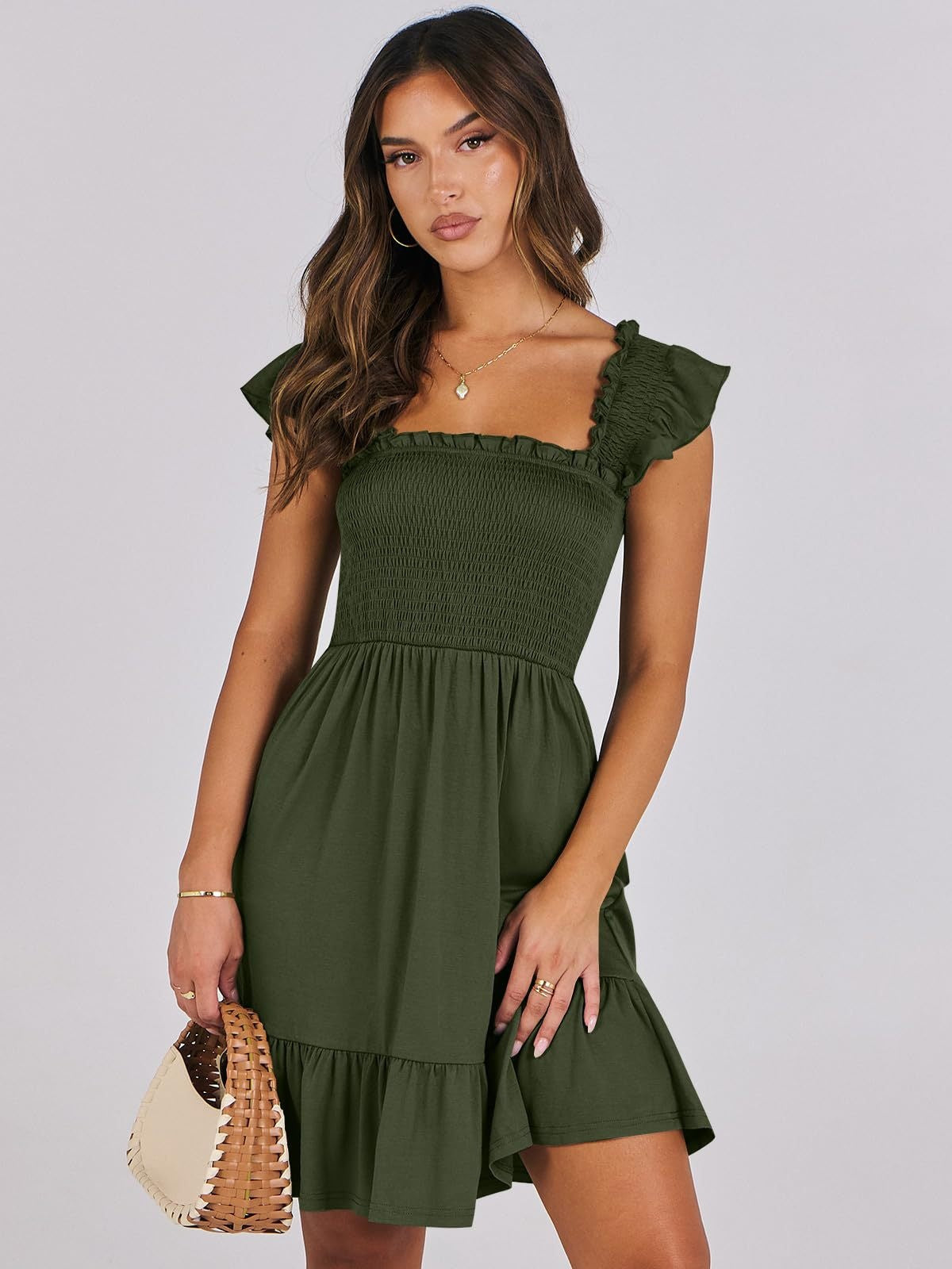 Women’s Smocked Square Neck Ruffle Sleeve Mini Dress Casual Summer Flowy A Line Dress