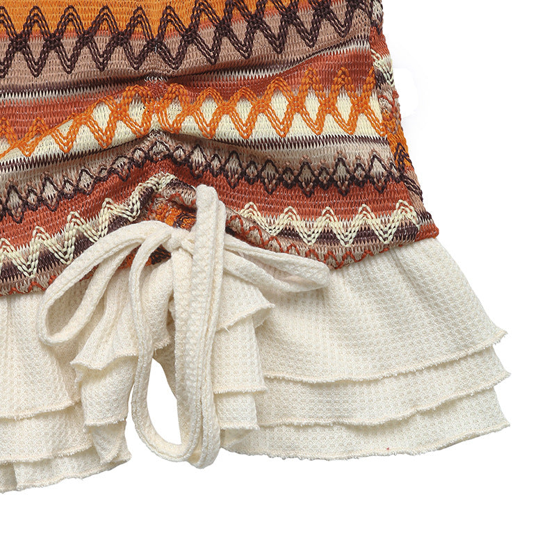 Sexy Beach Colorful Knit Striped Sleeveless Mini Dress with Ruffles