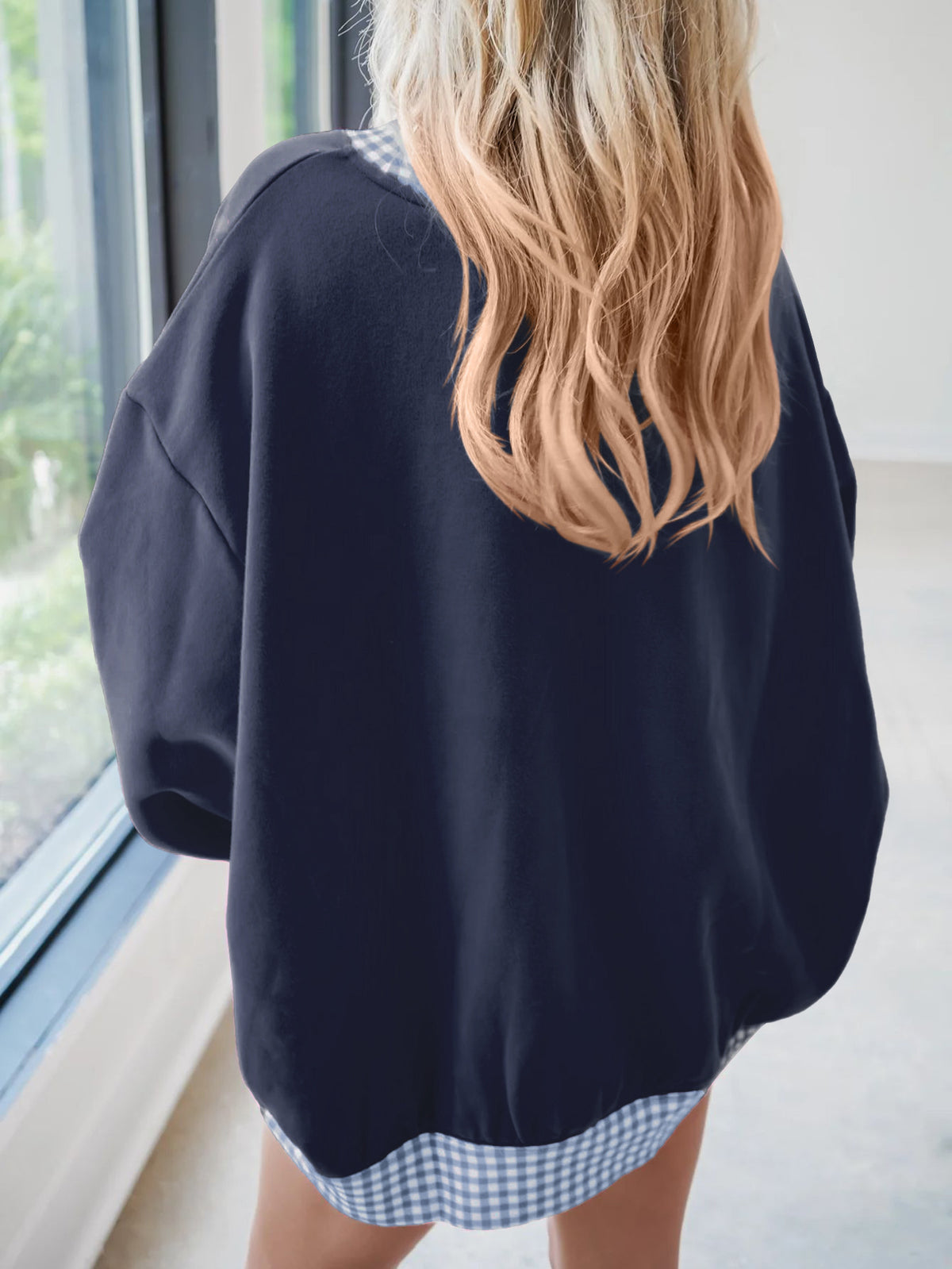 Women's Oversized Fleece Plaid Trim Mock Neck Sweatshirt