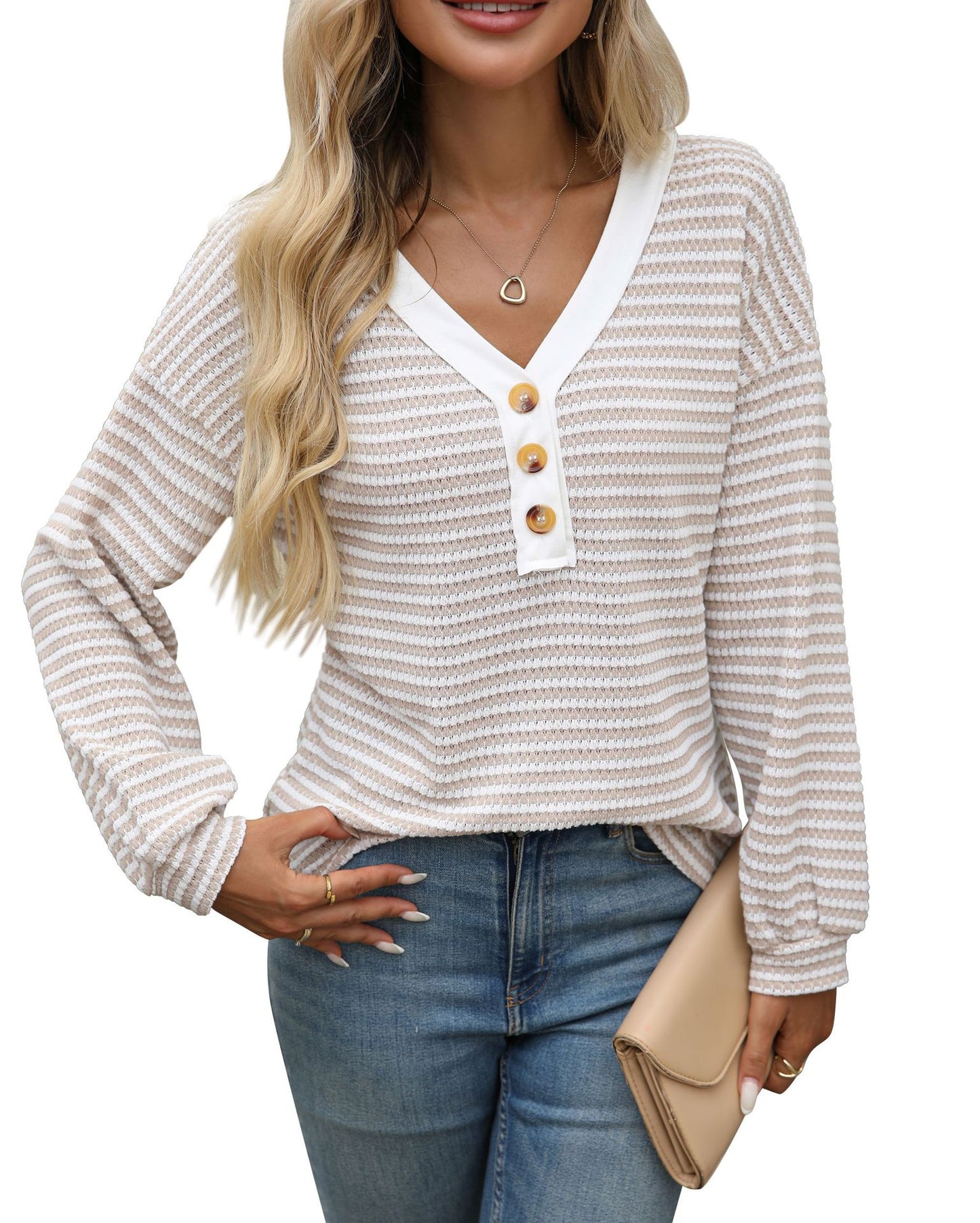 Striped Cotton Blend Top Casual Henley V Neck Tunic