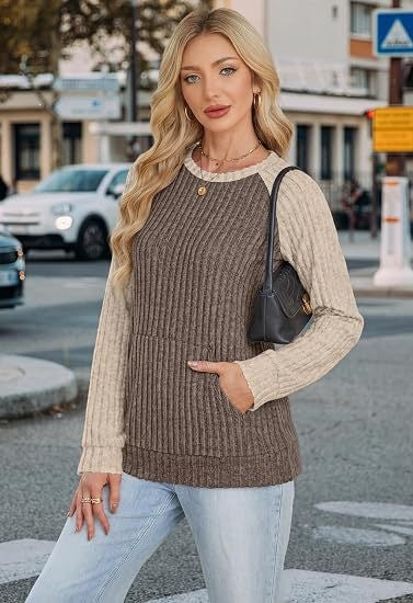 Ribbed Color Block Raglan Long Sleeve Pocket Tunic Top