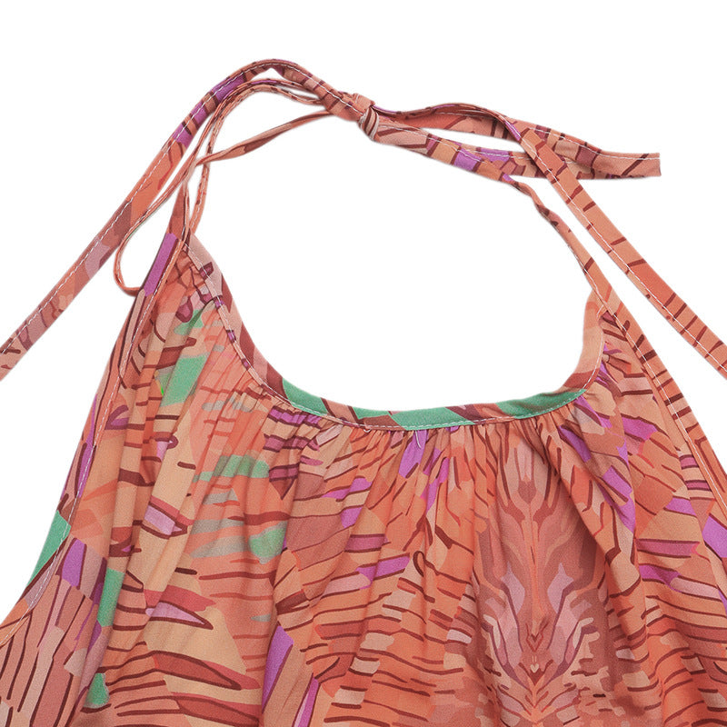 Abstract Gauze Maxi Dress Boho Halter Ruffle