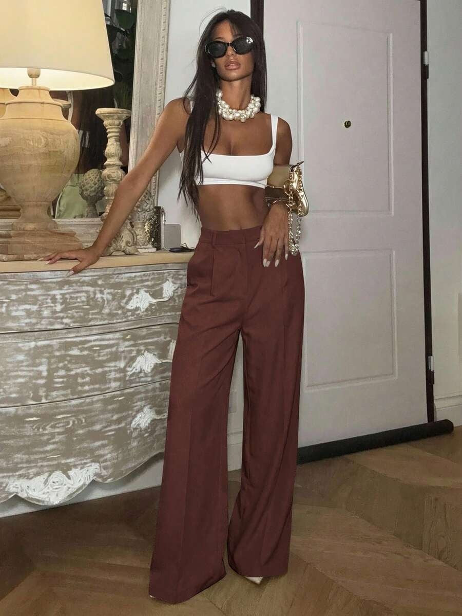 Solid High Waisted Wide Leg Dress Pants Business Work Trousers