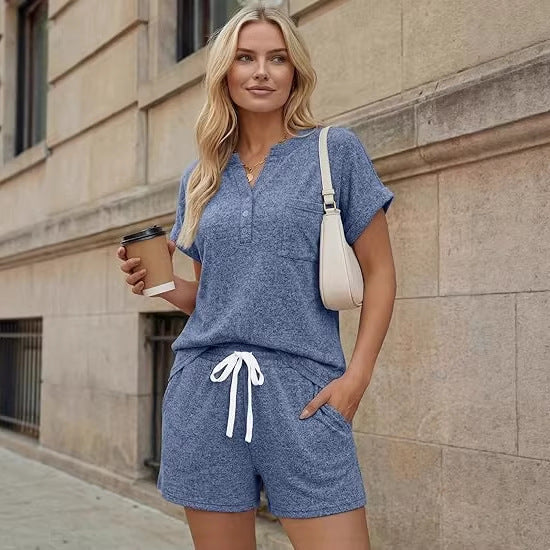 Two Piece Shorts Set with Henley Top & Drawstring Shorts