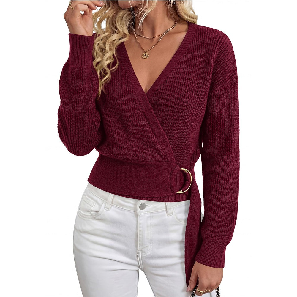 Metal Buckle V Neck Knit Sweater Long Sleeve Top
