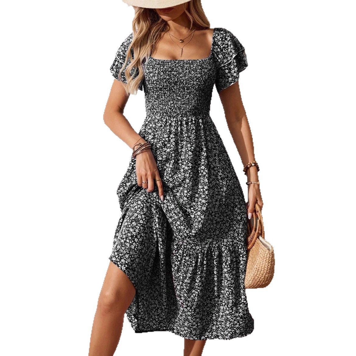 2026 Summer Square Neck Floral Dress for Women, Smocked