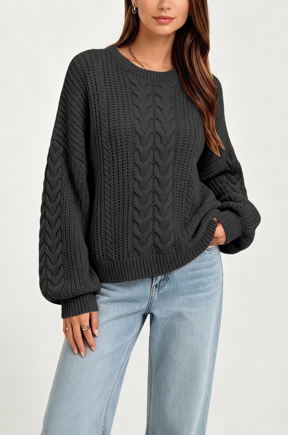 Women's Oversized Chunky Cable Knit Crew Neck Sweater
