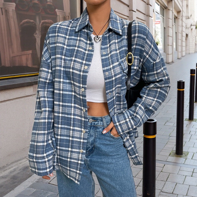 Plaid Button Down Long Sleeve Loose Casual Shirt Jacket