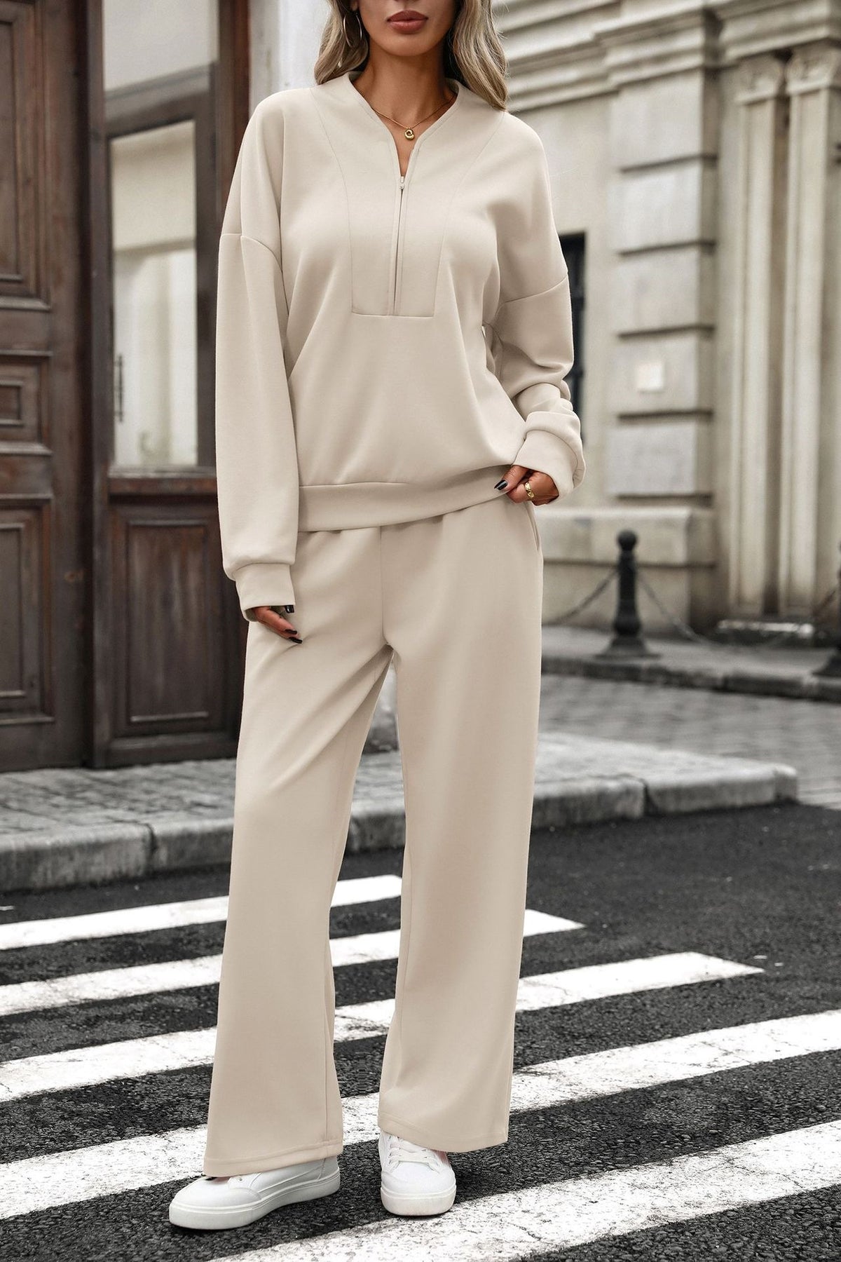 Women's Two Piece Quarter Zip Sweatshirt Wide Leg Pants Set