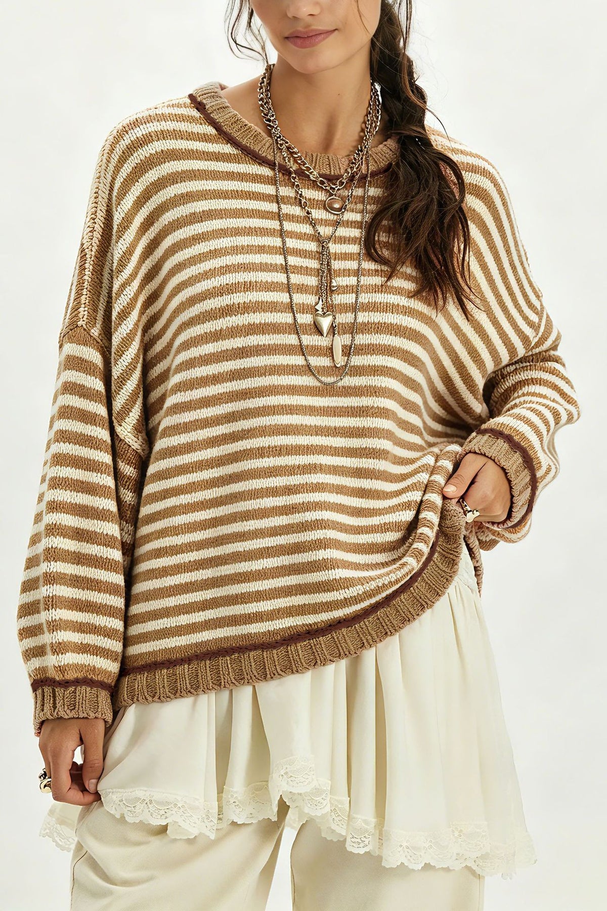 Oversized Color Block Striped Sweater Balloon Sleeve