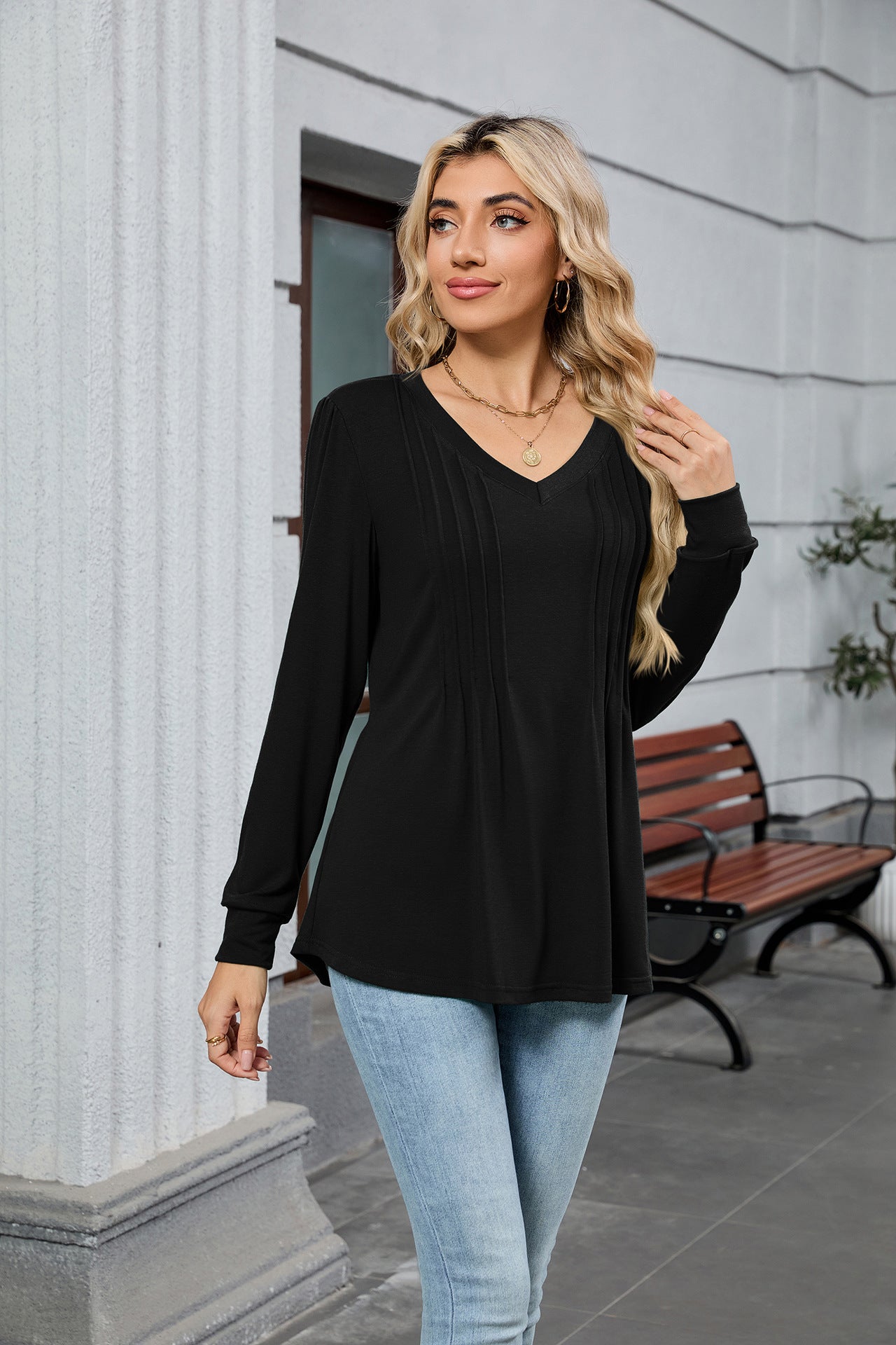 V-Neck Pleated Top – Soft Jersey Long Sleeve Tee