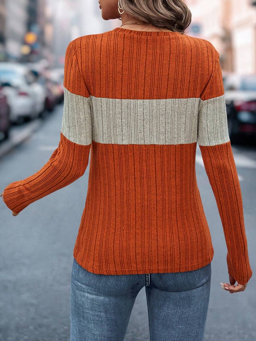 Color Block Ribbed Knit Top, Long Sleeve Relaxed Fit