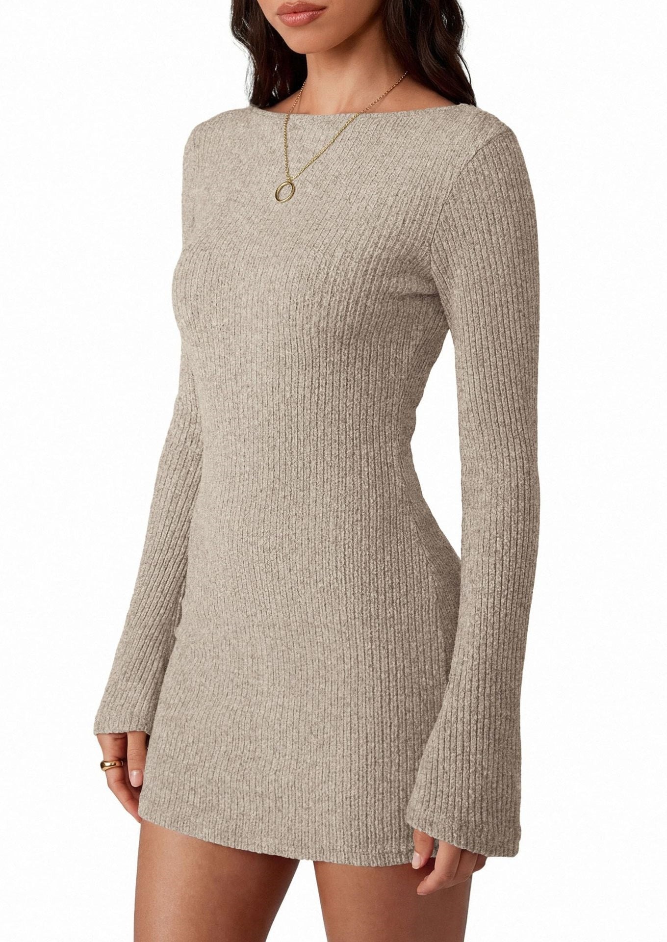 Ribbed Knit Mini Dress Long Sleeve Slim Fit Casual Style